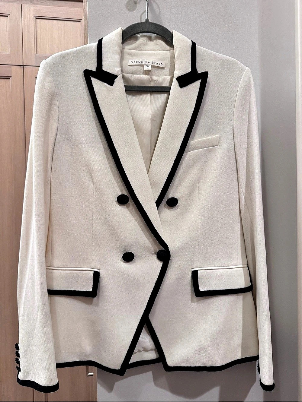 Veronica Beard Harriet Cutaway Contrast Blazer Cream & Black Size 12